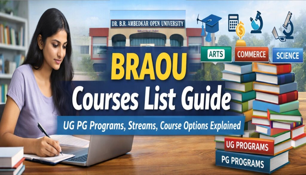 BRAOU courses list guide thumbnail showing UG PG programs streams and course options