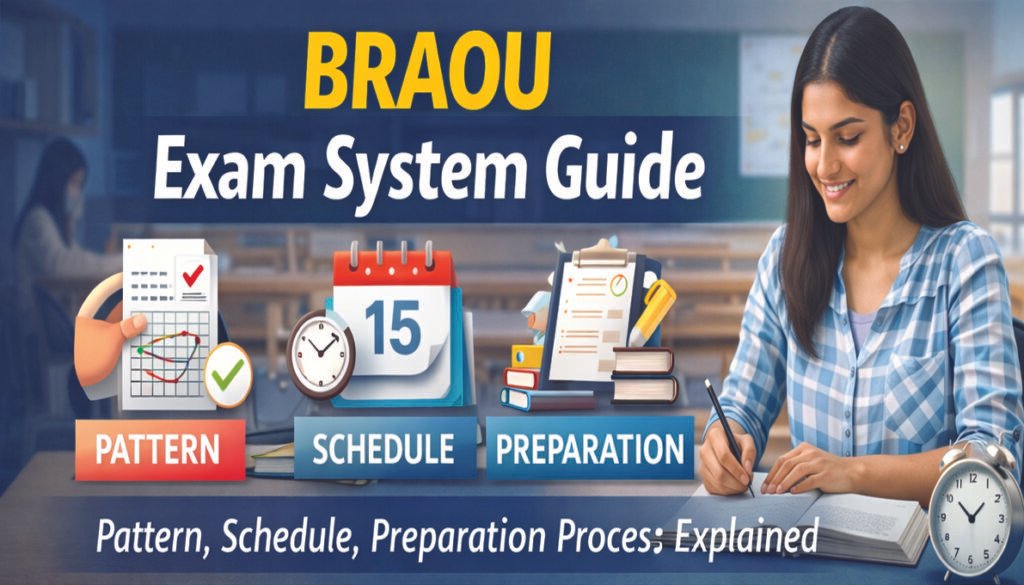 BRAOU exam system guide thumbnail showing exam pattern schedule and preparation process