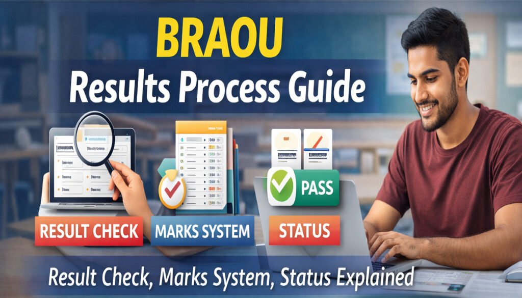 BRAOU results process guide thumbnail showing result check marks system and result status