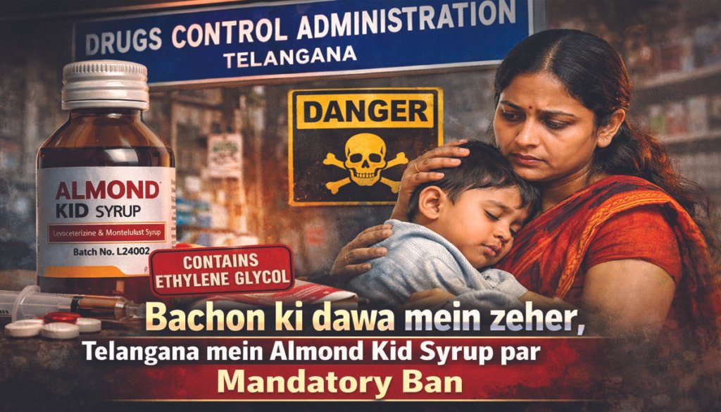 Bachon ki dawa mein zeher case ke baad Telangana mein Almond Kid Syrup par ban news graphic