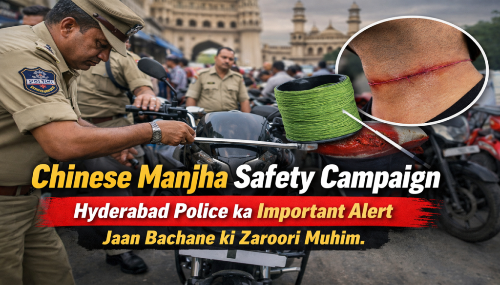 Chinese Manjha Safety Campaign ke tahat Hyderabad Police two-wheeler safety rods lagate hue