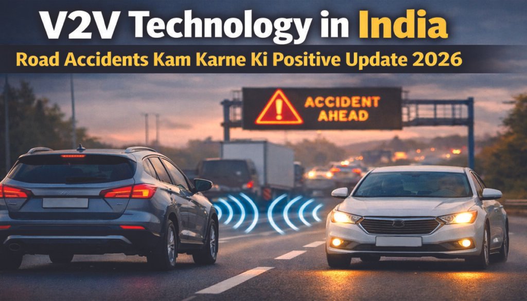 V2V Technology ke through Bharat mein gaadiyan aapas mein signal exchange karti hui
