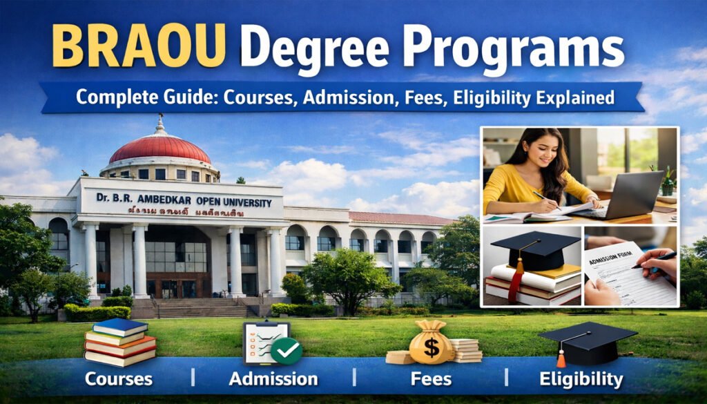 BRAOU Degree Programs complete guide thumbnail showing university building courses admission fees eligibility