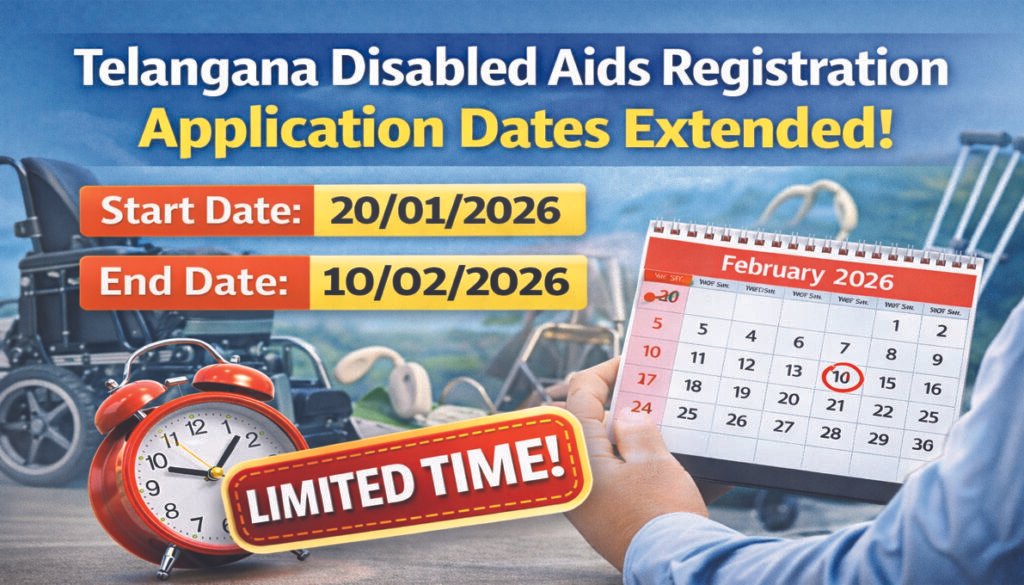 Telangana Disabled Aids Registration application dates extended showing start date 20 January 2026 and end date 10 February 2026 with assistive aids background