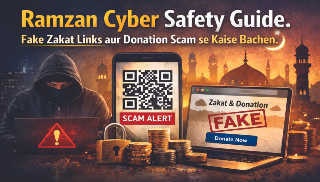 Ramzan cyber safety guide explaining fake zakat links, QR code scams, and safe online charity tips