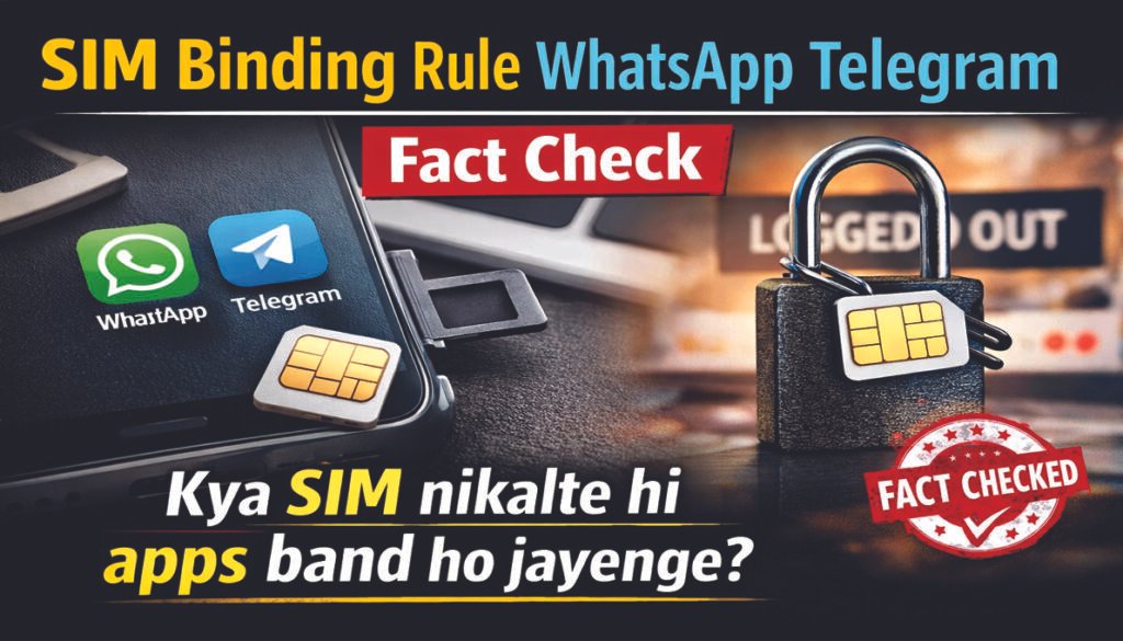 SIM Binding rule WhatsApp Telegram fact check showing smartphone with WhatsApp and Telegram icons and SIM card removed