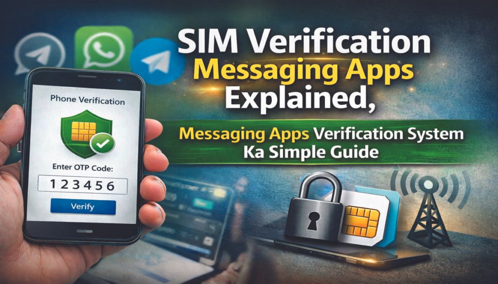 SIM verification messaging apps concept with smartphone, messaging app icons and SIM card verification