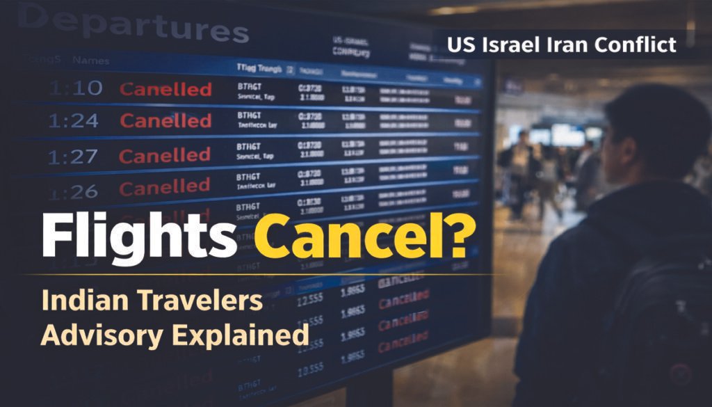 US Israel Iran conflict ke baad flights cancel advisory airport departure board showing travel disruption update for Indian travelers news graphic